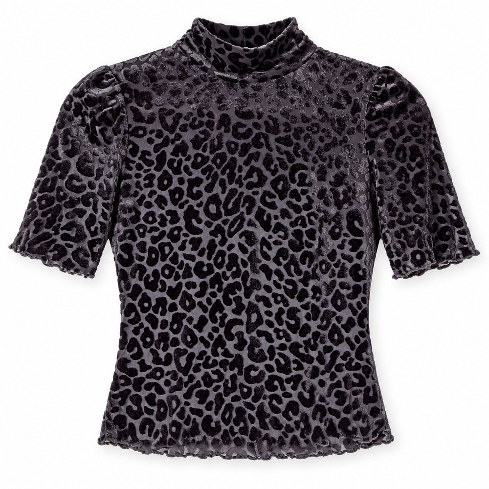 Leopard Print Burnout Velvet Mock Neck Top Flocked Mesh Y2K Fall